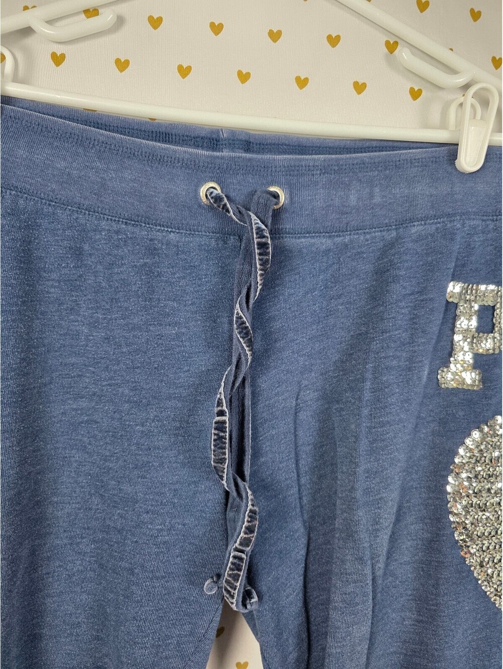 Victorias Secret PINK BLING vintage Sequin Heart Blue Joggers Sweats sweatpants - Picture 3 of 8
